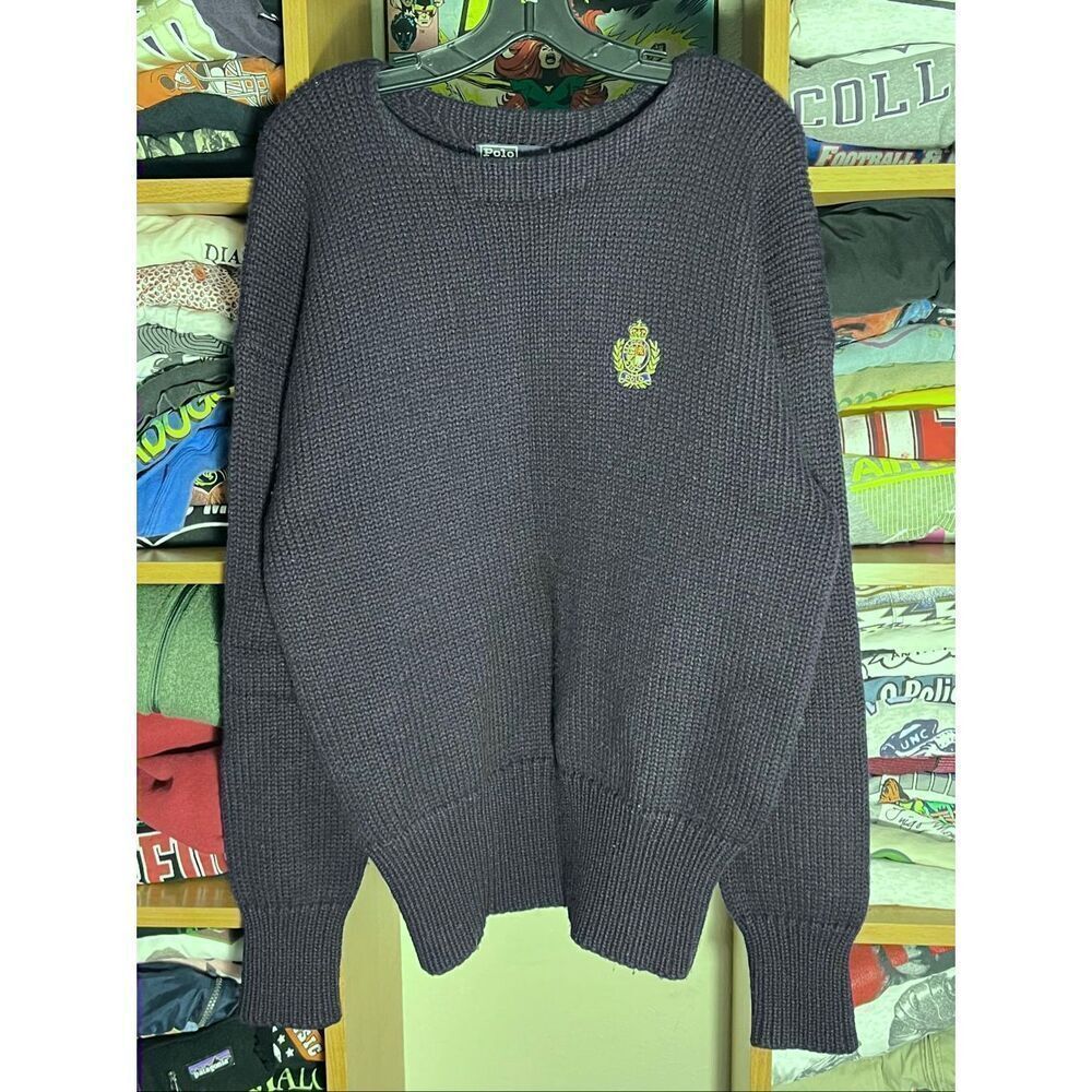 Vintage 80s Polo Ralph Lauren Wool Navy Heavy Knit Crest Sweater